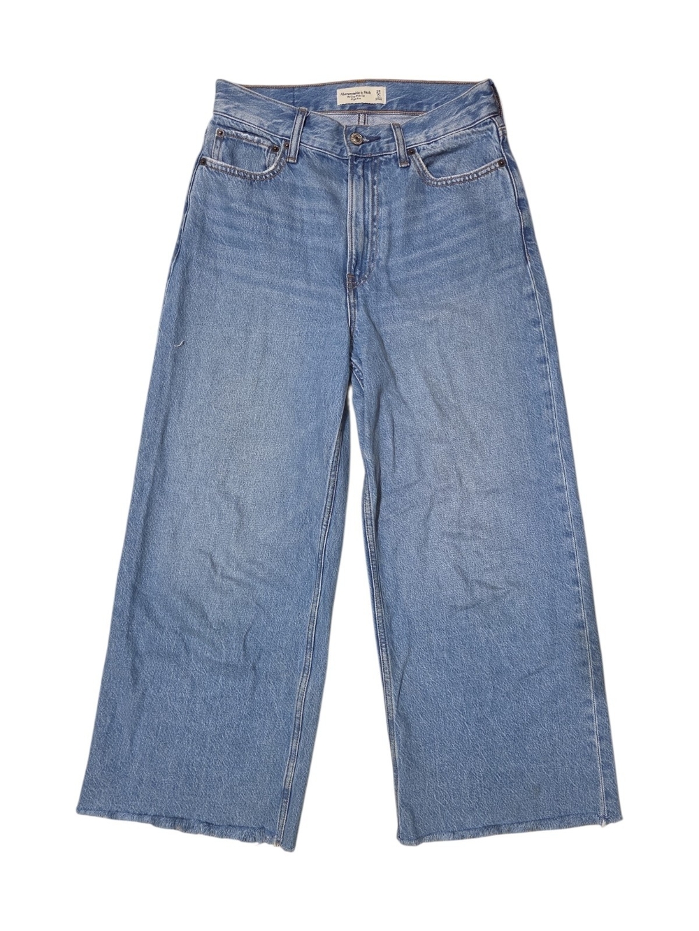 Abercrombie & Fitch The Crop Wide Leg Light Wash Denim Jeans Fray Hem 25